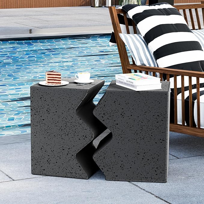 HOMPUS Outdoor Concrete Side Table w Spotted, Set of 2 Patio End Table Modern Vintage MgO, Lightweight Functional Combine Accent Table for Indoor Outdoor Use, Garden, Deck, Poolside, Dark Grey