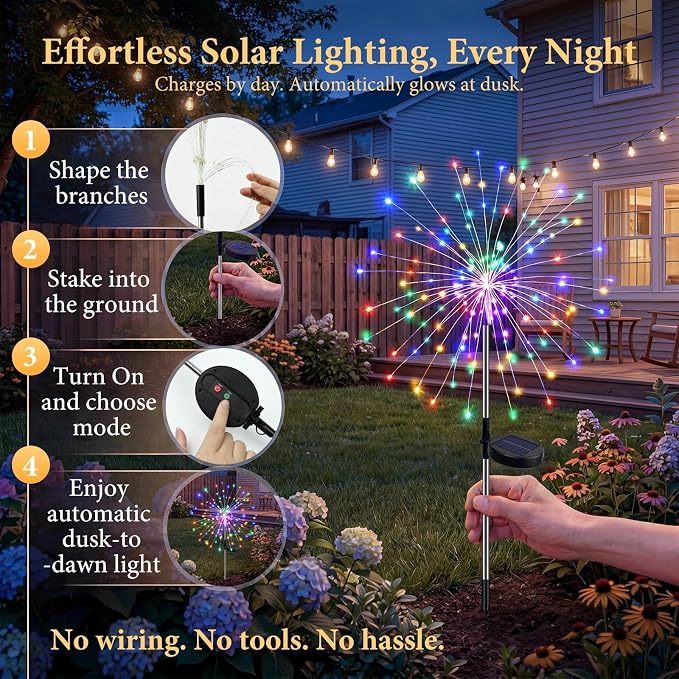 Solar Firework Lights Outdoor 8 Pack, 120LED Solar Starburst Garden Lights with 8 Modes, Waterproof Decorative Sparkle Light for Backyard, Garden, Patio Lawn Landscape & Halloween Party Decor