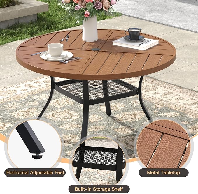 Patio Dining Set for 4, Round 40.7" Patio Dining Table and Stackable Outdoor Dining Chairs Outdoor Furniture for Backyard Porch Deck, Spliced Walnut Table and Black Chairs
