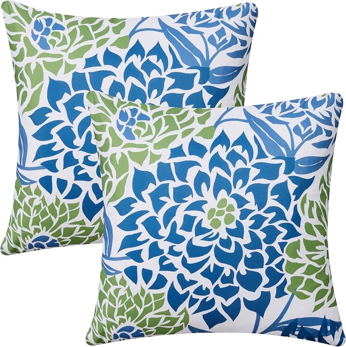 Allorry Outdoor Pillow Covers 18x18 Set of 2 Blue Green Flower Pattern Decoration Throw Pillow Covers for Spring Summer Outdoor Waterproof Furniture Garden Patio Sofa Bedroom Home Decor JB011-D18