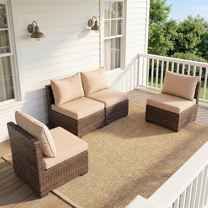 4 Pieces Patio Furniture Set, Outdoor PE Rattan Sectional Sofa with Soft Cushions for Backyard, Porch, and Poolside (Beige, 4 PCS)