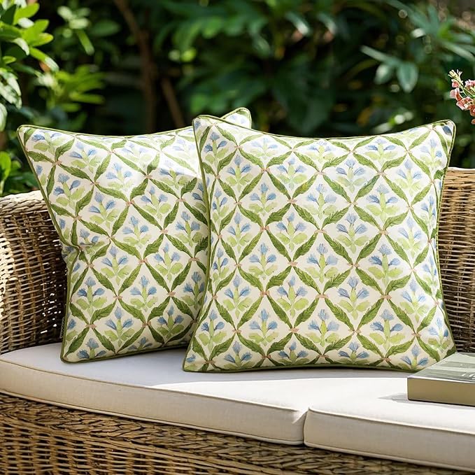 MIULEE Outdoor Floral Pillow Covers Waterproof 20x20 Green | Decorative Block Print,Boho Farmhouse, Set of 2 Coastal Summer Cushion Covers with Piping,Garden Patio Furniture Porch Couch