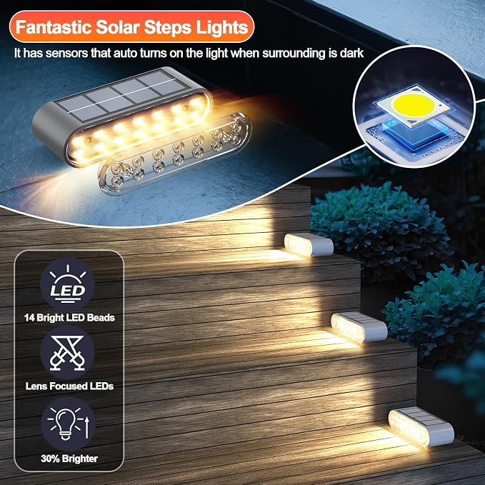 Solar Stair Lights 12 Pack, Solar Step Lights Outdoor Waterproof IP67, LED Solar Powered Lighting for Steps, Stairs, Deck, Dock, Patio, Walkway, Front Porch Decor