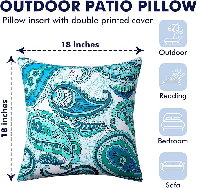 2 Pack Waterproof Outdoor Pillows, 18x18 Outdoor Throw Pillows | Patio Furniture Pillows, Decorative Throw Pillows, Waterproof &Fade Resistant, Removable & Washable, Paisley Blue