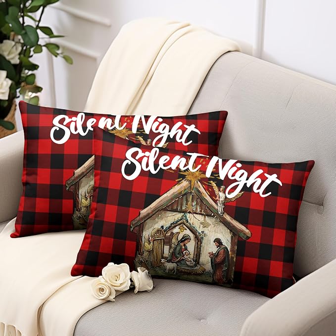 Jesus Nativity Lumbar Pillow Case 12x20 Set of 2 Red Buffalo Plaid Christmas Rectangle Pillow Covers Xmas O Holy Night Silent Night Waist Pillow Covers for Living Room Couch Bedroom