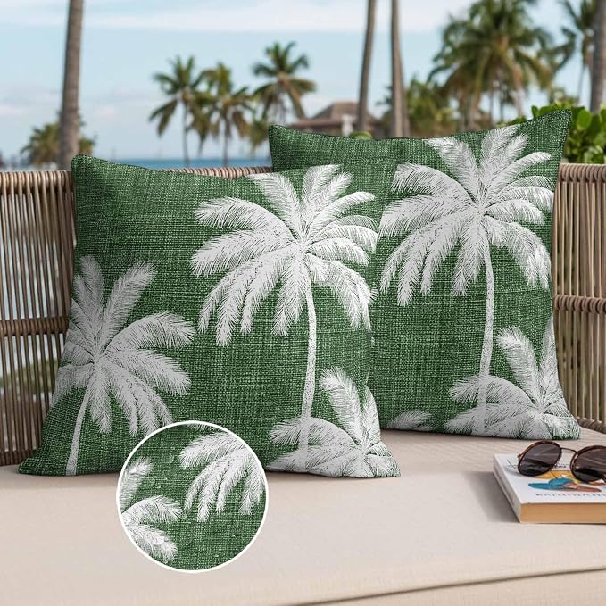 Outdoor Pillow Covers 18x18 Inch Set of 2, Dark Green Palm Trees Waterproof Throw Pillow Covers, Farmhouse Tropical Summer Beach Decorative Cushion Pillowcases for Couch, Sofa, Bed, Garden, Patio