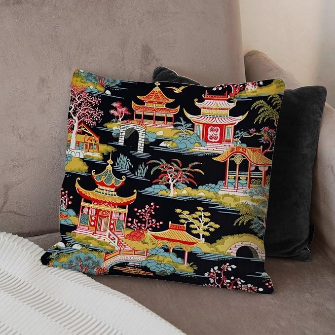 Pillow Cover Chinoiserie Charcoal Coral Pagoda Asian Pillows Classic Chinoiserie Chic Asian Pillow Cover Accent Decorative Cushion Covers Home Decor for Patio Furniture Porch 18x18 in