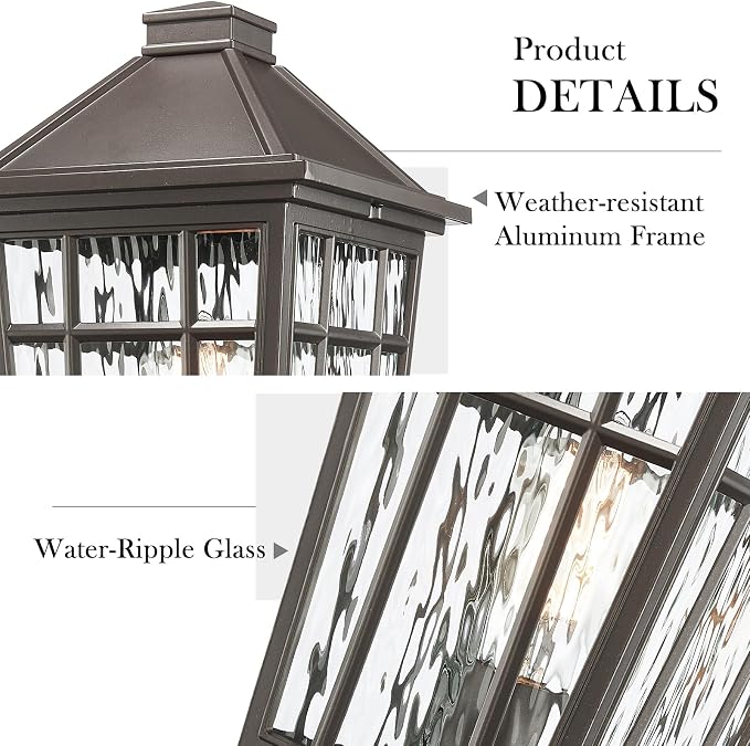 Darkaway 2pcs Large Outdoor Post Lights Lamp Post Light Fixture, 17inch Waterproof Aluminum Housing with Water Ripple Glass for Garden Patio Pathway