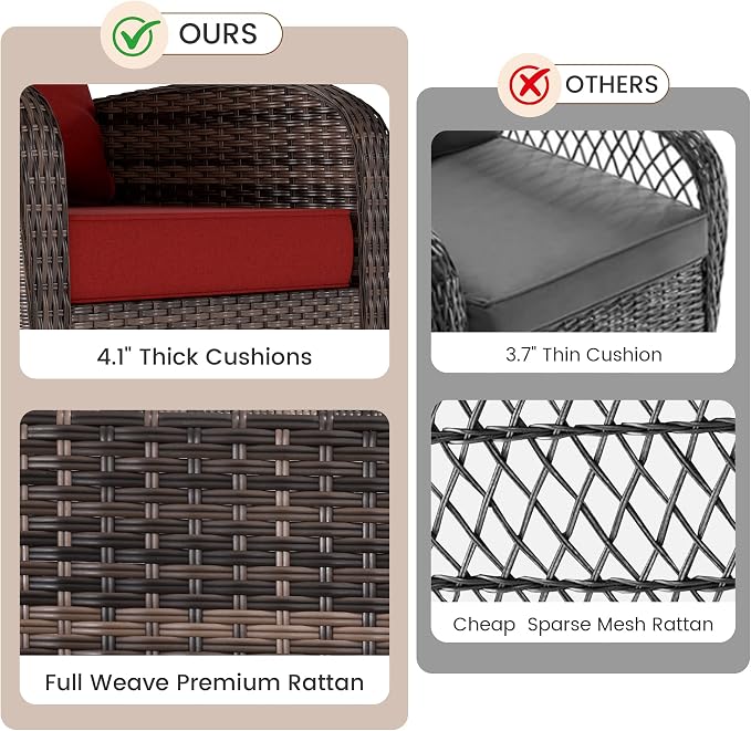 Kromax Outdoor Patio Furniture Set, All-Weather Wicker Swivel Glider Chairs Set of 2 with Coffee Table Table & Thick Machine Washable Cushions for Backyard, Garden, Porch, Brown/Red