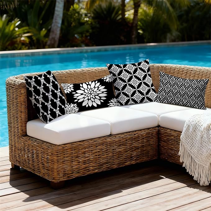 Outdoor Waterproof Throw Pillow Covers 12x20 Set of 4 Black and White Aesthetic Boho Decorative Cushion Cases for Patio Furniture Garden Porch Bench Couch Sunbrella