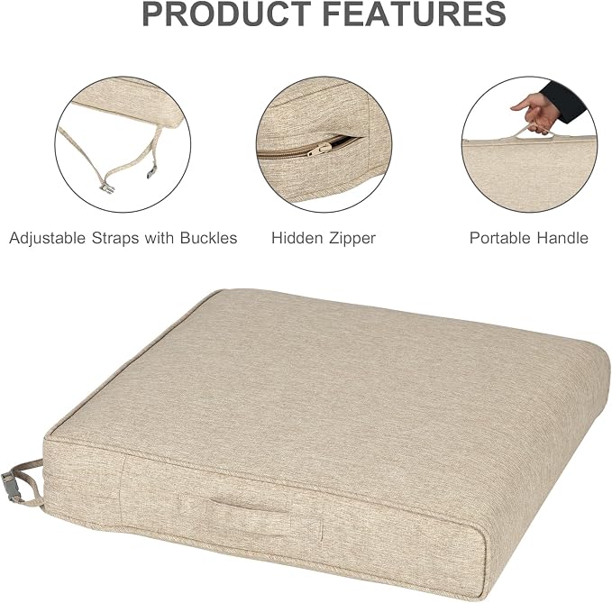 Aoodor Patio Chair Cushions Set of 4, 24 x 24 x 4 Inch Water Resistant Outdoor Seat Cushions with Handle and Ties, Square Corner Cushions for Patio Furniture Garden Lawn, Brown