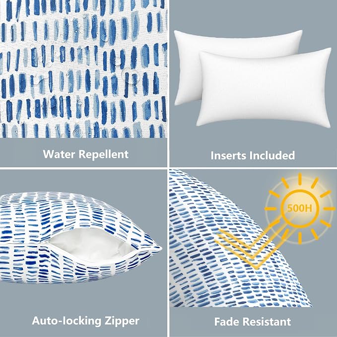 LVTXIII Set of 2 Outdoor Lumbar Pillows for Patio Furniture with White Piping, 12"x20" Fade Resistant Patio Lumbar Pillows with Inserts for Home Coach Sofa Use, A Pebble Blue