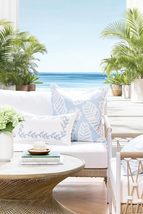 Hofdeco Premium Grandmillennial Coastal Hampton Patio Indoor Outdoor Lumbar Pillow Cover Only, 12"x20" Water Repellent for Backyard, Couch, Poolside, Baby Blue Embroidered Leaves Frame
