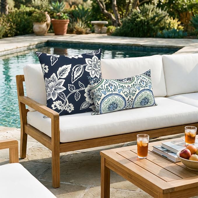Outdoor 20x20 Inch Pack of 2 Patio Throw Pillow Covers ONLY, Water Repellent Cushion Cases, Square Pillowcases for Couch Decoration, Elegant Vines Navy