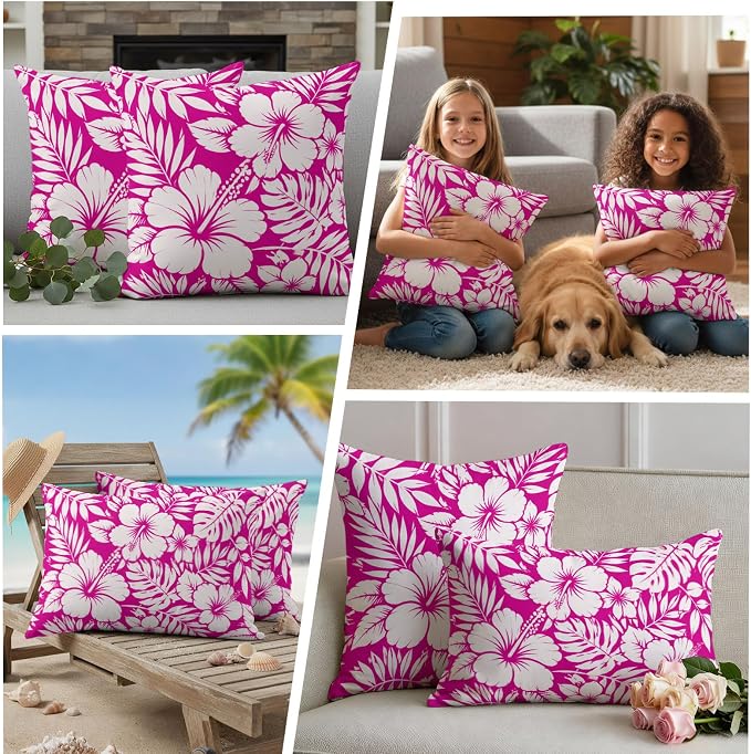 Pink Hibiscus Flowers Waterproof Outdoor Pillow Covers Set of 2 Home Decor, Tropical Monstera Leaves Pillowcase Patio Pillow Covers for Couch Bench Patio Furniture Garden 26x26in