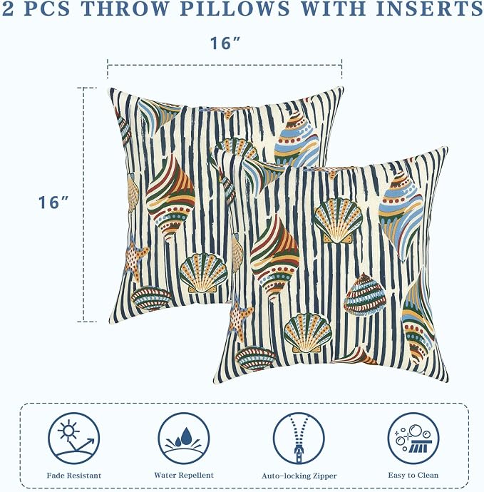 LVTXIII Outdoor Throw Pillows 16x16 Inch, Set of 2 Square Decorative Pillows with Inserts for Patio Furniture, Porch Chair, Garden Sofa, Cabana Shells