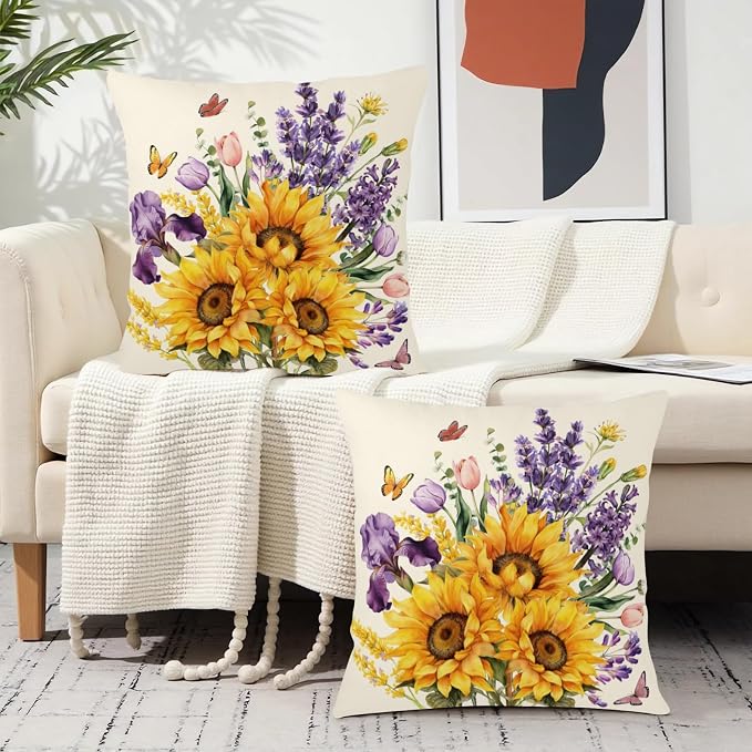 Sunflower Pillow Covers Floral Purple Lavender Butterfly Throw Pillow Covers Spring Summer Tulip Iris Flower Pillow Cases 22x22 for Home Farmhouse Couch Sofa Bed Decor 2 Pack
