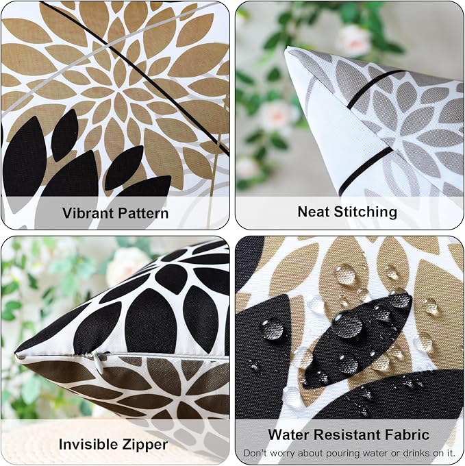 OTOSTAR Outdoor Black Brown Pillow Covers 20x20 Inch Set of 2 Light Brown Flower Throw Pillows Farmhouse Geometric Dahlia Floral Square Cushion Case Waterproof Decor for Sofa Patio Funiture Garden