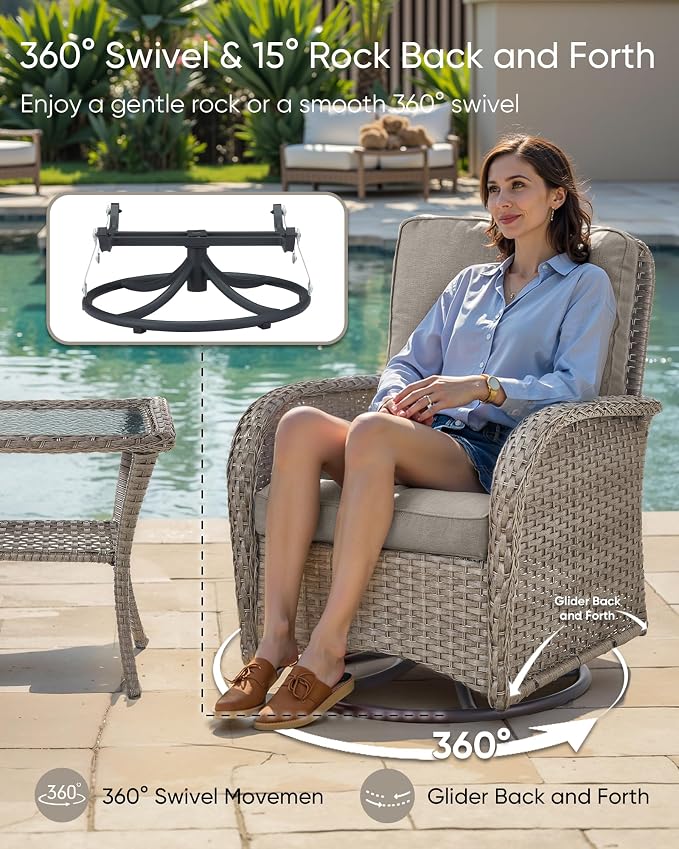 HUMMUH Wicker Patio Furniture Set-All Weather Rattan Patio Sofa Set with Swivel Rocker Chairs Outdoor Conversation Set for Deck Lawn Porch Balcony Poolside-Grey/Grey