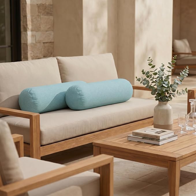 RSH DECOR: Sunbrella Neck Roll Pillows Set of 2 | 20” x 6” | Outdoor Bolster for Patio, Deck, Porch, or Poolside Furniture | Water & Fade-Resistant | Made in USA (Cast Mineral)