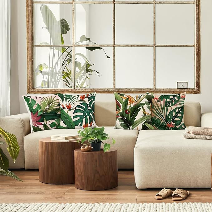 Bonhause Tropical Leaves Throw Pillow Covers 20x20 Set of 4 Green Palm Leaf Monstera Botanical Pillows Case Polyester Linen Cushion Covers for Outdoor Couch Sofa Patio Decor