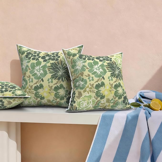 Outdoor Throw Pillows Inners, Fade Resistant Patio Furniture Square Pillows with Piping Set of 2 for Patio Furniture, 18x18 Inch, Green Rose