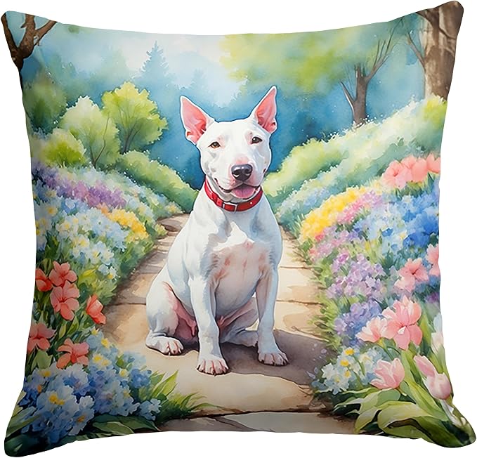 Caroline's Treasures Bull Terrier Spring Path Throw Pillow Machine Washable, Indoor Outdoor Decorative Pillow for Couch, Bed or Patio, 14Hx14W