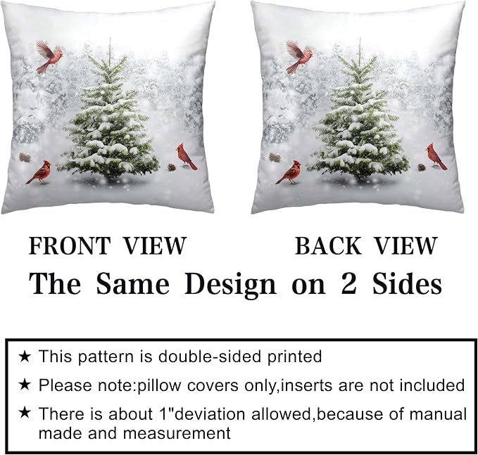 Winter Pine Tree Throw Pillow Covers 24x24 Snowy Natural Forest Decorative Pillow Case Set of 2 Christmas Tree with Cardinal Birds Pillow Covers for Couch Living Room Patio