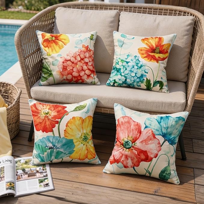 Summer Outdoor Throw Pillow Covers Waterproof, Lotus Flower Hydrangea Decor | 18x18 Summer Outdoor Pillow, Lotus Flower Decor, Hydrangea Pillow Covers, Set of 4, Outdoor Pillows for Porch Patio Furniture