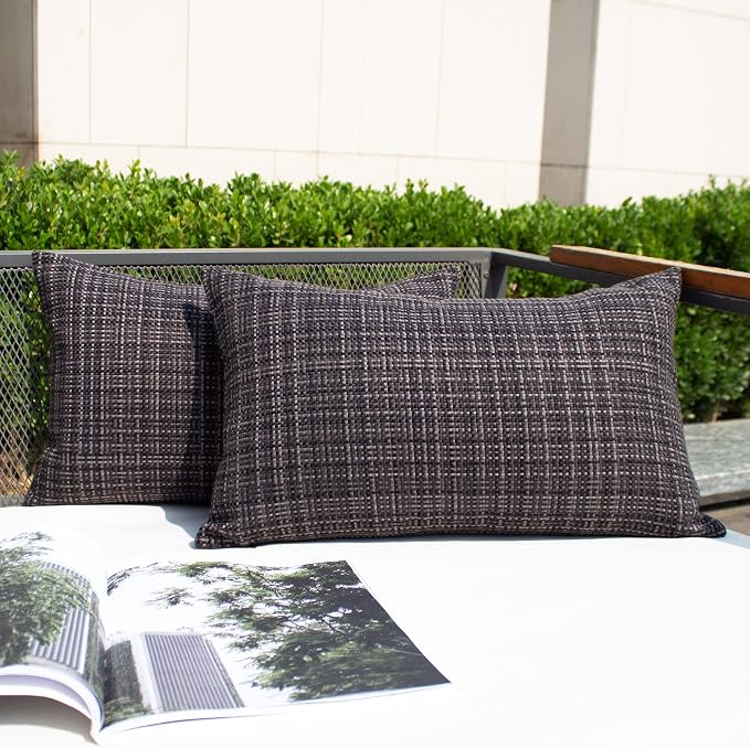 Kevin Textile Outdoor Waterproof 12"x24" Lumbar Pillow Covers 2 Pack, Black | Water Resistant, Faux Linen Yarn-dyed, Woven Texture Throw Pillow Covers for Tent Patio Garden Couch Sofa