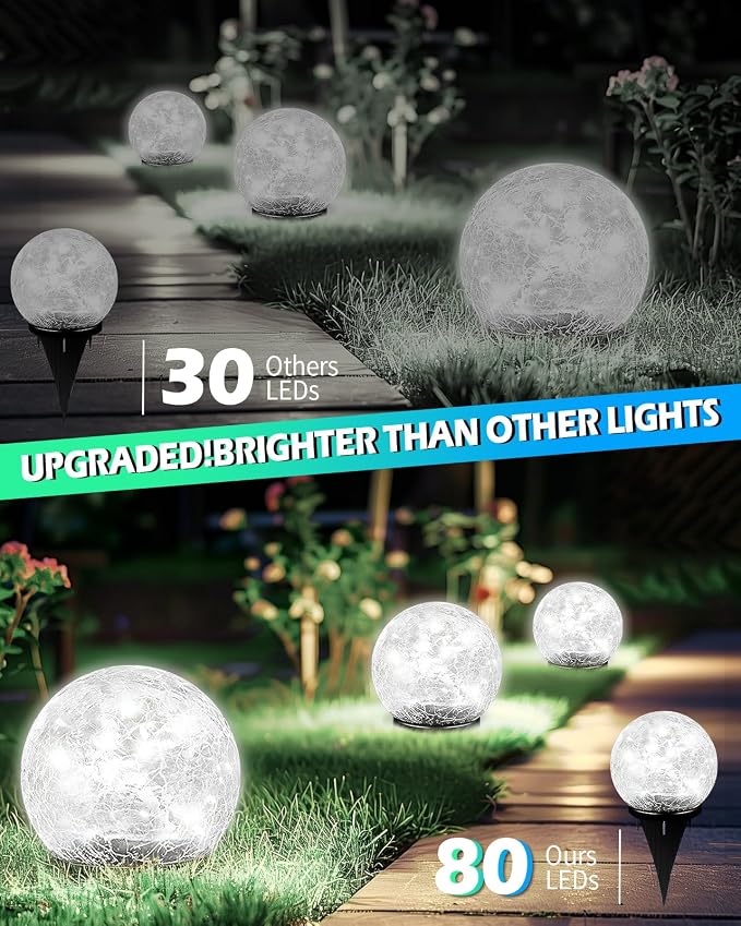 Garden Solar Ball Lights Outdoor Waterproof, 80 LED Cracked Glass Globe Ground Lights for Path Yard Patio Lawn, Outdoor Decoration Landscape White (2 Pack 5.9'')