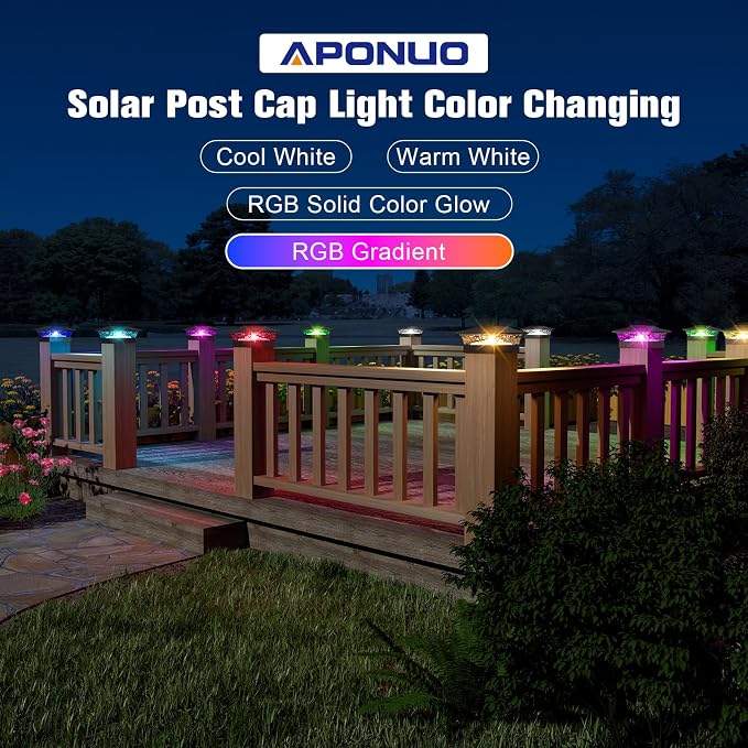 APONUO Solar Post Cap Lights with 8 RGB Solid Colors & Multicolor Flow - 6 Pack 6x6 Post Cap Solar Light, IP65 Waterproof - Fits 4x4 5x5 6x6 Wood & Vinyl Posts - Black
