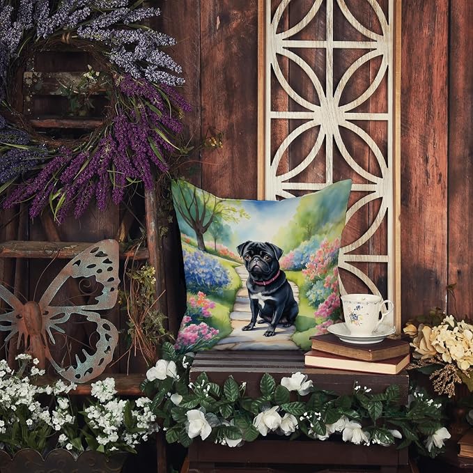 Caroline's Treasures Black Pug Spring Path Throw Pillow Machine Washable, Indoor Outdoor Decorative Pillow for Couch, Bed or Patio, 14Hx14W