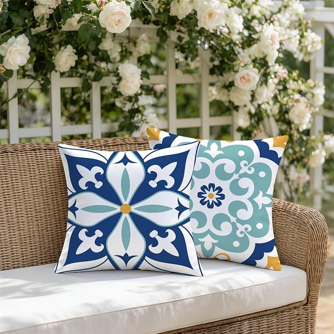 Outdoor Waterproof Throw Pillow Covers 18x18 Set of 4 Floral Boho Decorative Cushion Cases for Patio Furniture Garden Porch Bench Couch Sunbrella