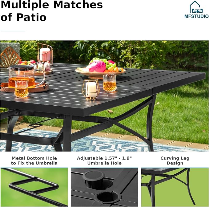MFSTUDIO 9 Piece Outdoor Dining Set for 8, Square Metal Dining Table & Cushioned Rattan Chairs, Patio Metal Dining Furiture Set for Patio, Deck, Yard