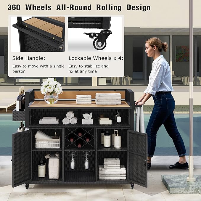 52.8" W Wicker Outdoor Bar Cart Table with Extended Plastic Wood Table Top, Outdoor Grill Cart with Large Storage Cabinet, for Patio Backyard Garden Poolside, Double Handle Design, Black