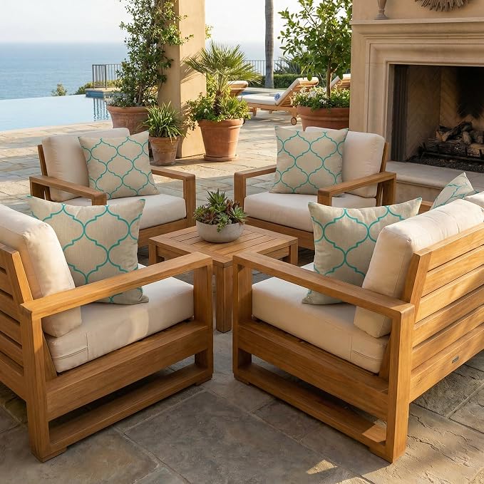 RSH DECOR: Sunbrella Square Throw Pillows Set of 4 | 20" x 20" | Water and Fade-Resistant Performance Fabric | Outdoor Pillow Covers with Down-Alternative Inserts | Made in USA (Trellis Geo II Mist)