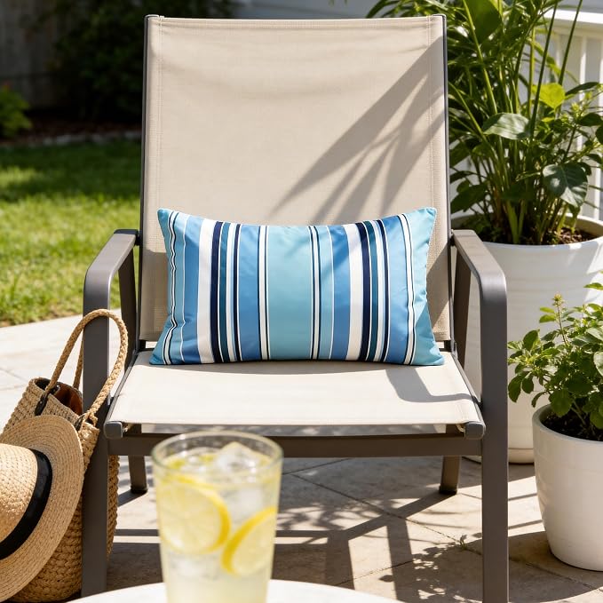 Waterproof Outdoor Pillow Covers 12x20 Inch Set of 2, Light Blue Stripe Decorative Throw Pillow Cover, Modern Farmhouse Cushion Cases for Spring Summer Patio Garden Porch Balcony Beach Sofa