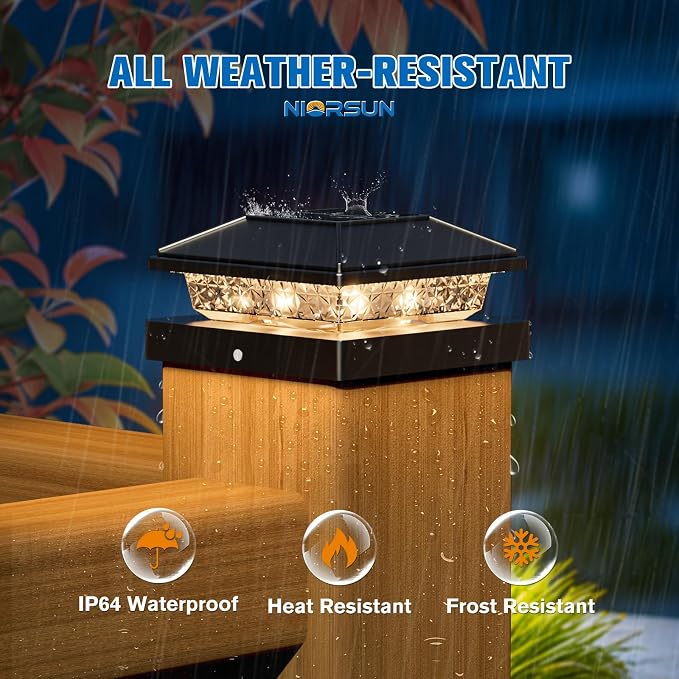 Solar Post Cap Lights,4x4 Post Solar Lights,Warm White,6 Pack Black | Fence Post Solar Lights for 4x4 Post Caps Wood Vinyl, IP64 Waterproof Solar Post Lights Outdoor, Solar Deck Post Lights