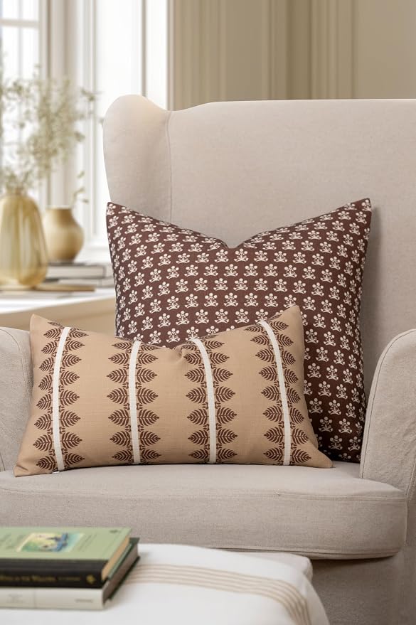 Crumbs Home Modern Farmhouse California Casual Indoor Outdoor Throw Pillow Cover, 22"x22" Water Repellent for Patio, Backyard, Couch, Poolside, Earth Tone Cocoa Brown Block Print Floral
