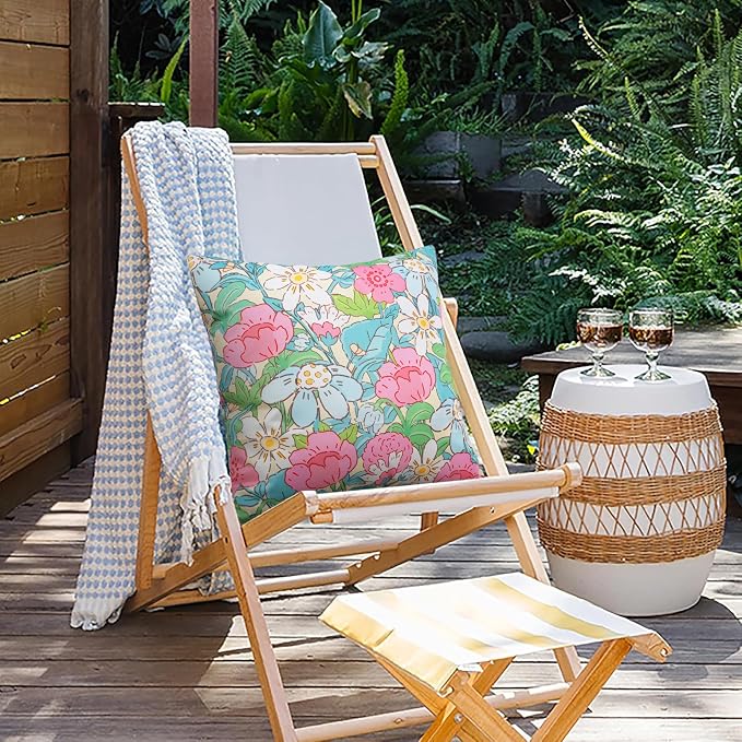 JASEN Outdoor Waterproof Throw Pillow Covers 18x18 Inch, Spring Floral Double Sided Decorative Square Covers for Patio Furniture Garden Square Couch & Sofa - Pack of 2 (Floral A)