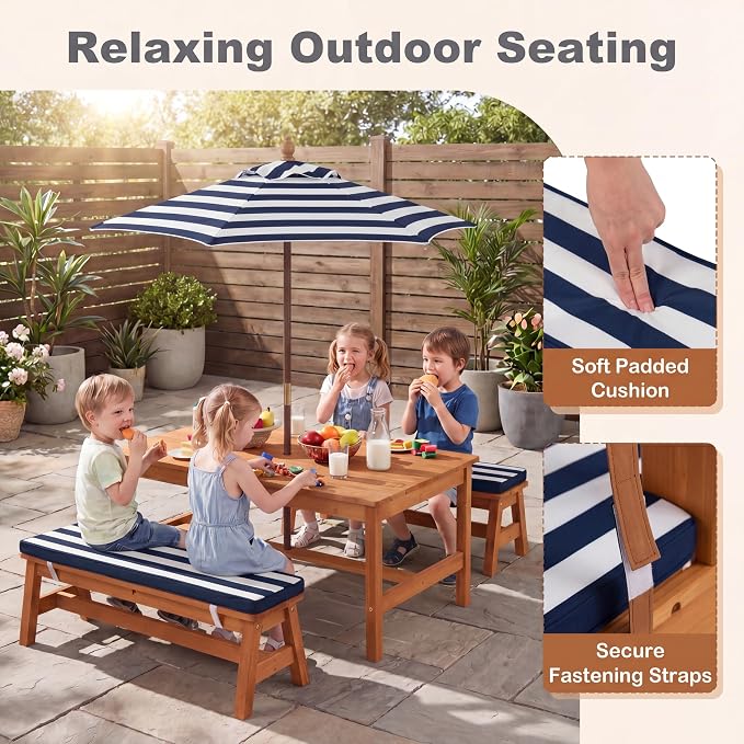 HONEY JOY Kids Picnic Table, Large 42” x 23” Tabletop, Fir Wood Toddler Outdoor Table & Bench Set w/Removable Cushions & Umbrella, Children Backyard Furniture for Patio Garden, Seats for 4 (Blue)
