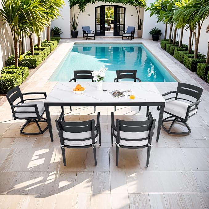 7PC Aluminum Outdoor Patio Dining Set, 71" Rectangular Dining Table with White Marble Pattern Sintered Stone Top, 4 Chairs & 2 Cushioned Swivel Rockers, All-Weather Patio Furniture