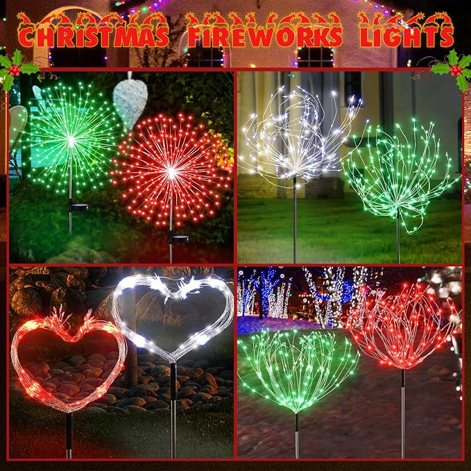 Tujoe 9 Pcs Christmas Solar Firework Stake Lights 180 LED 8 Modes Solar Waterproof LED Sparkler Lights Outdoor Decoration for Garden Patio Yard Pathway Walkway Lawn (Red Green White)