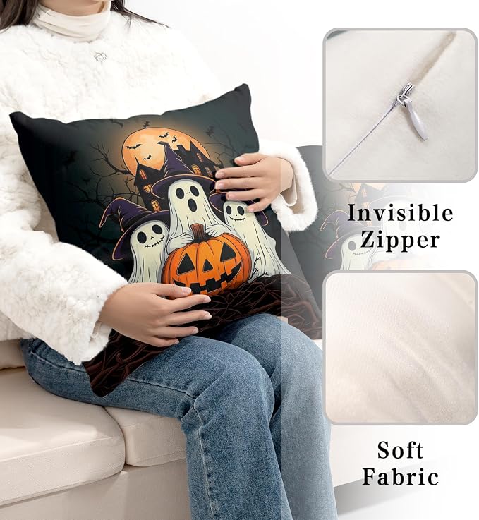 Set of 2 Halloween Pillow Covers 20x20 Ghost Throw Pillow Covers Full Moon Night Castle Bat Pillow Case Jack-O-Lantern Cushion Case for Holiday Party Decor Couch Sofa
