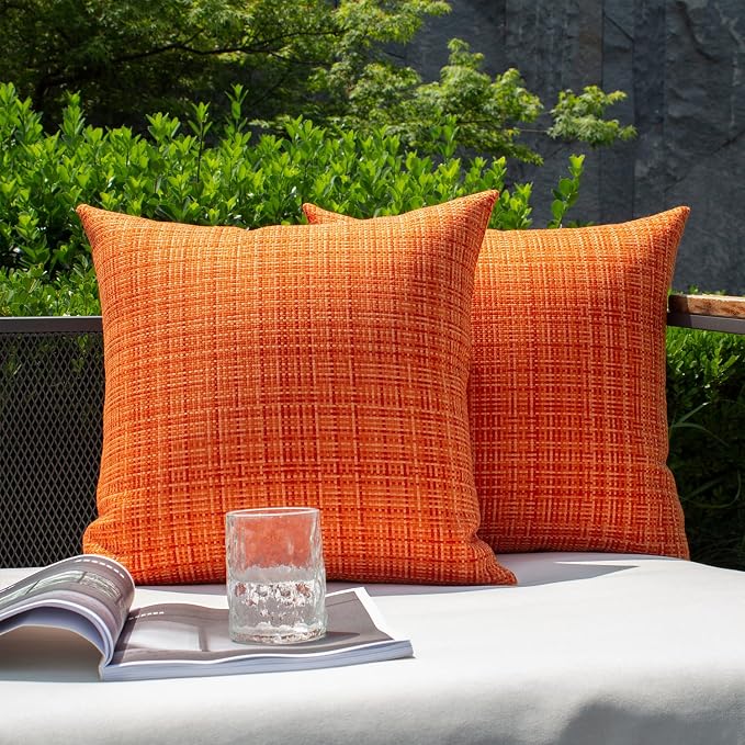 Kevin Textile Outdoor Waterproof 20x20 Inch Pillow Covers 2 Pack, Orange | Water Resistant, Faux Linen Yarn-dyed, Woven Texture Throw Pillow Covers for Tent Patio Garden Couch Sofa