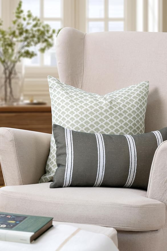 Modern Farmhouse California Casual Indoor Outdoor Lumbar Pillow Cover, 12"x20" Water Repellent for Patio, Backyard, Couch, Poolside, Oliver Green White Embroidered Stripes