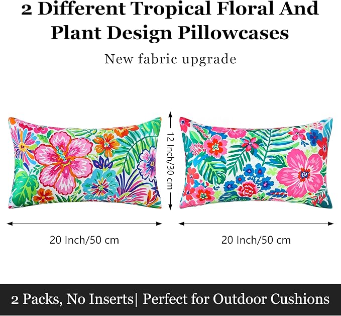 Outdoor Pillow Covers 12x20 Inch Set of 2 Tropical Floral Plants Boho Throw Pillows Cases Waterproof Square Garden Cushion Sham for Patio Funiture Tent Balcony Bench Sofa Couch