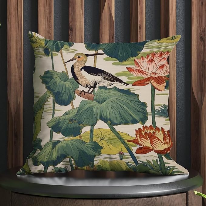 Nympheus Pistachio Outdoor Cushion Cases Lotus Pond Bird Throw Pillow Cover Accent Waterproof Throw Pillow Covers for Patio Furniture Tent Garden 22x22 in