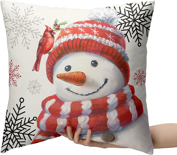 Red Snowman with Cardinal Bird Pillow Covers 24x24 Christmas Holiday Throw Pillow Covers Winter Snowflake Cushion Case for Living Room Bedroom Sofa Set of 2